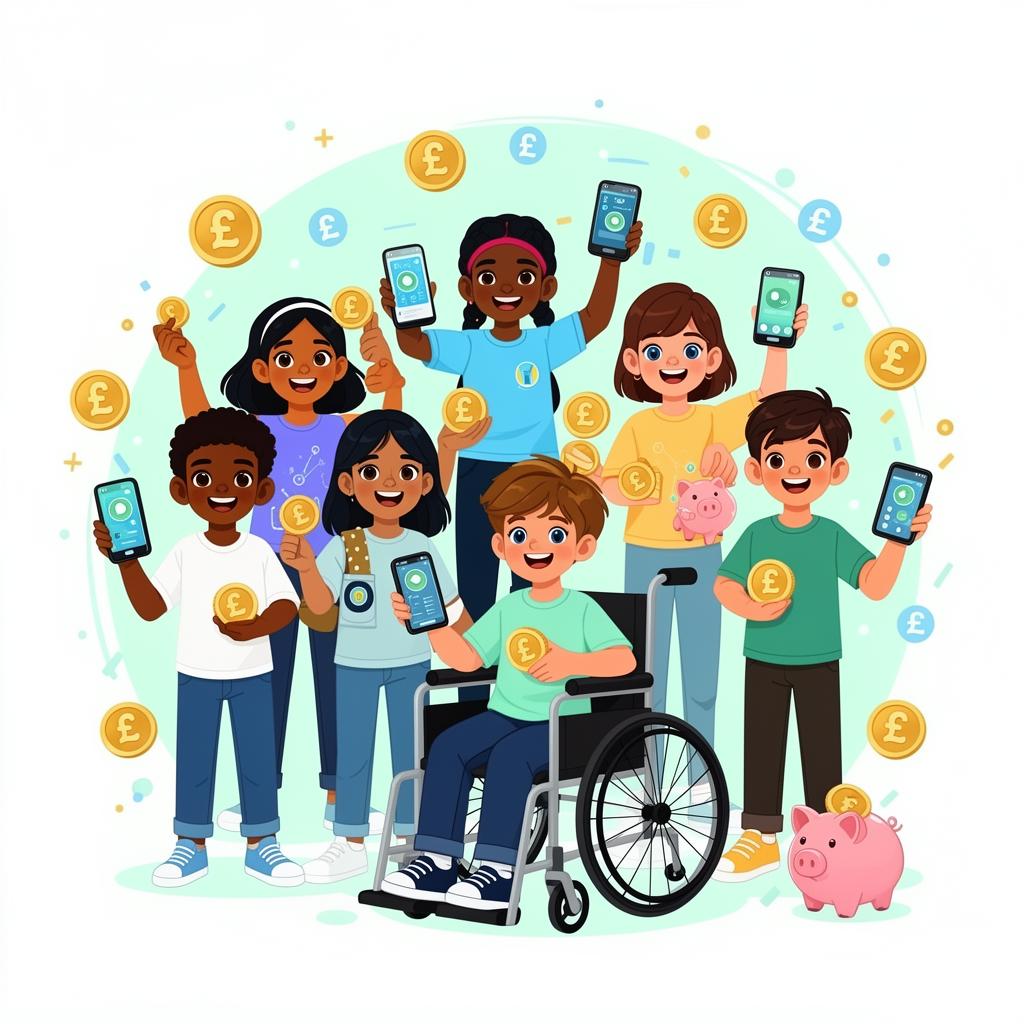 Cheerful British children holding coins, a piggy bank and a smartphone
